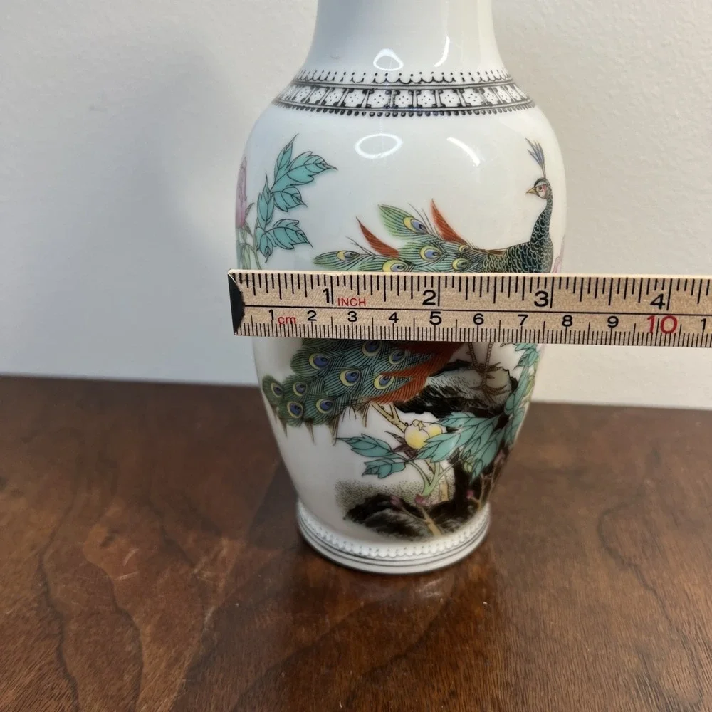 Vintage Jingdezhen Porcelain Vase Peacock Peony Flower Poem Export 8